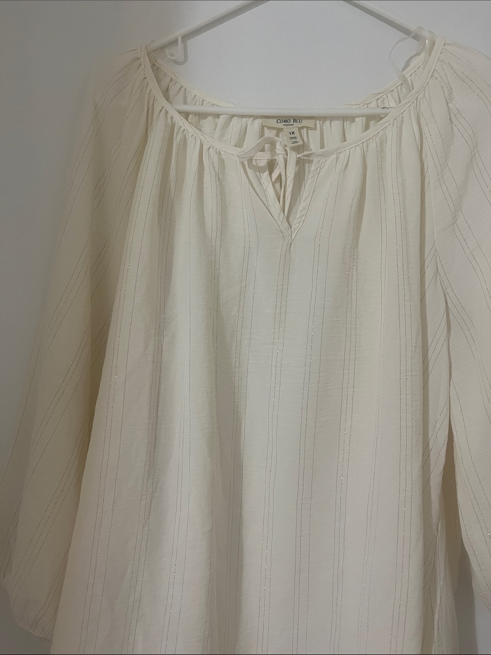Como Blu Cream Boho Tunic Top with Tie Neck